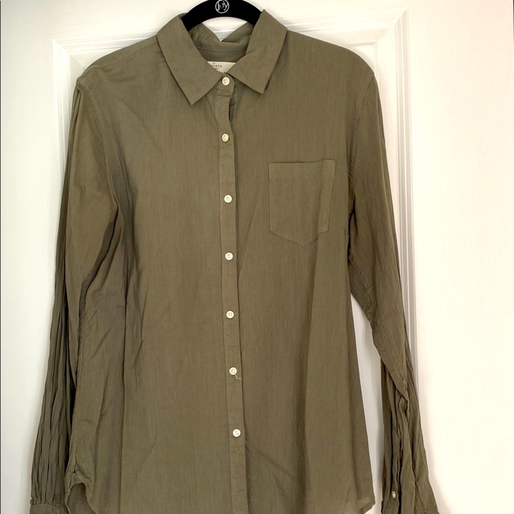 Trovata Birds of Paradis Olive Green Long Sleeve Button Down Shirt Medium